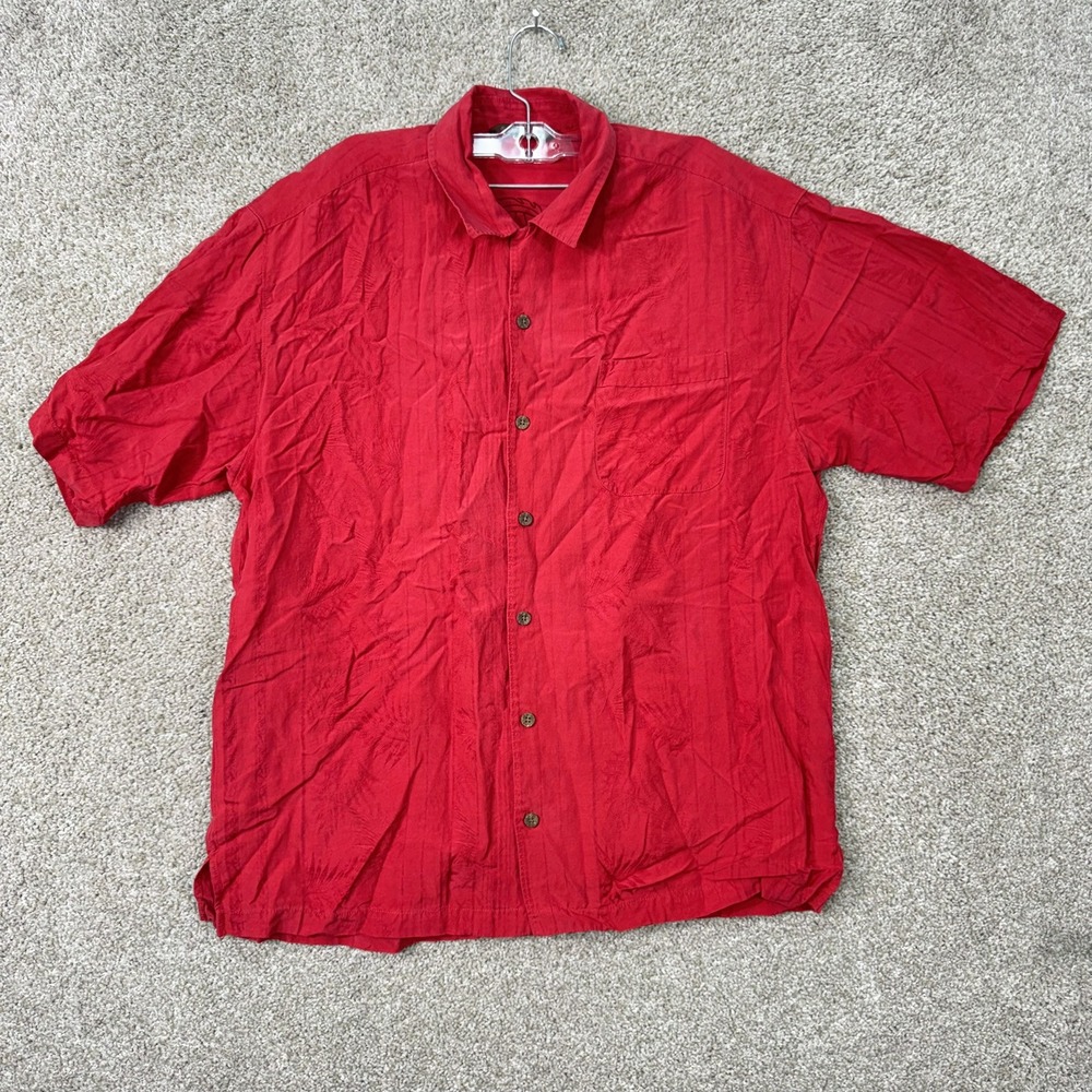 Tommy Bahama Button Front Shirt Mens Large Red Silk Linen Palm Leaf Jacquard